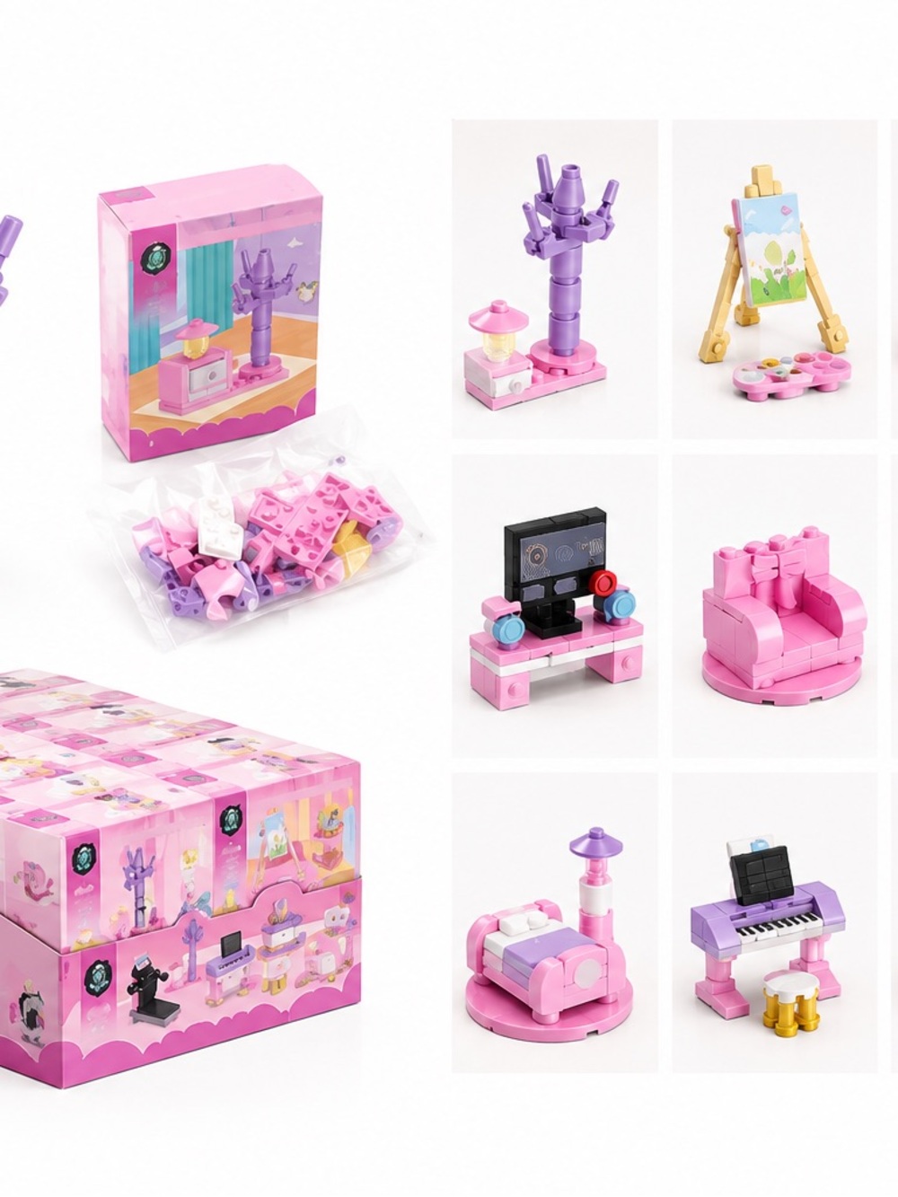 Mini Pink & Purple Dollhouse Building Block Playset - Furniture Kit 12 sets